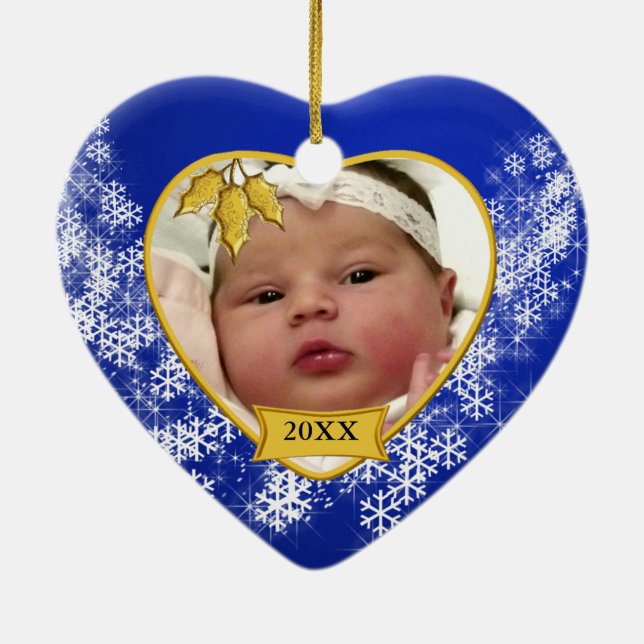 Christmas Blue Baby's Foto Herz Keramik Ornament (Hinten)