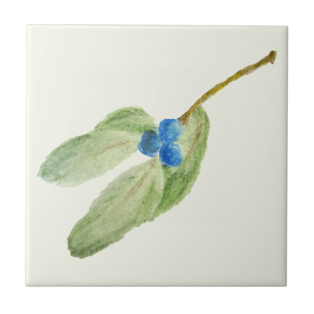 Christmas Blue Berries Sprig Rustic Botanical Fliese (Vorderseite)