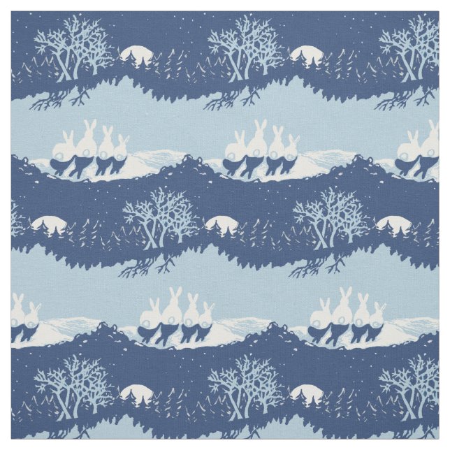 Christmas Blue Bunny Rabbit Niedliche Vintage Szen Stoff (Muster)