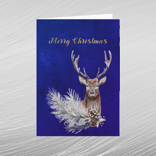Christmas Blue Deer Pine Branch Cones Wassercolor Feiertagskarte