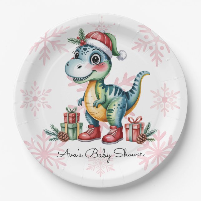 Christmas Blue Dino and Presents Boy Baby Shower Pappteller (Vorderseite)