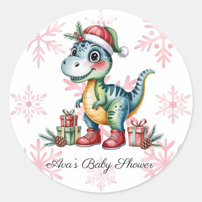 Christmas Blue Dino and Presents Boy Baby Shower Runder Aufkleber (Vorderseite)