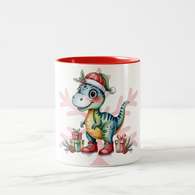 Christmas Blue Dino and Presents Boy Baby Shower Zweifarbige Tasse (Mittel)