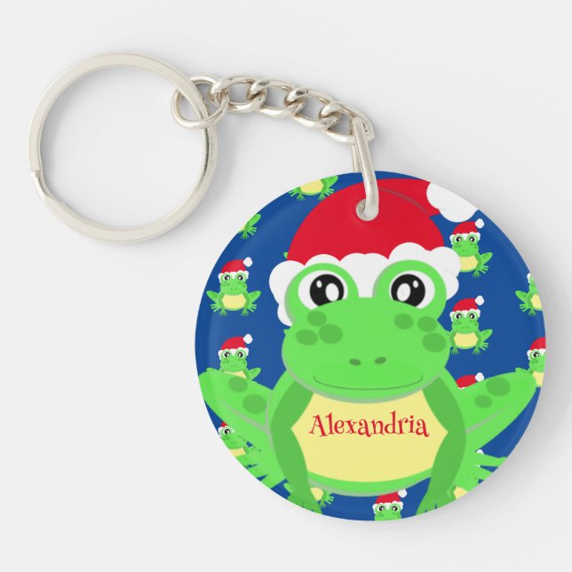 Christmas Blue Frog Weihnachtsmannmütze Pattern No Schlüsselanhänger (Vorderseite)
