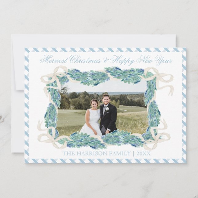 Christmas Blue Gingham Garland Vintag Horizontal Feiertagskarte (Vorderseite)