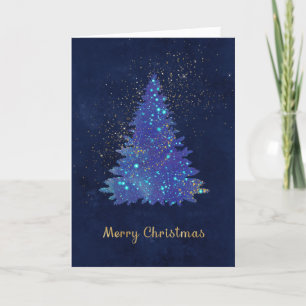 Christmas Blue Gold Pine Tree Wasserfarbe Feiertagskarte