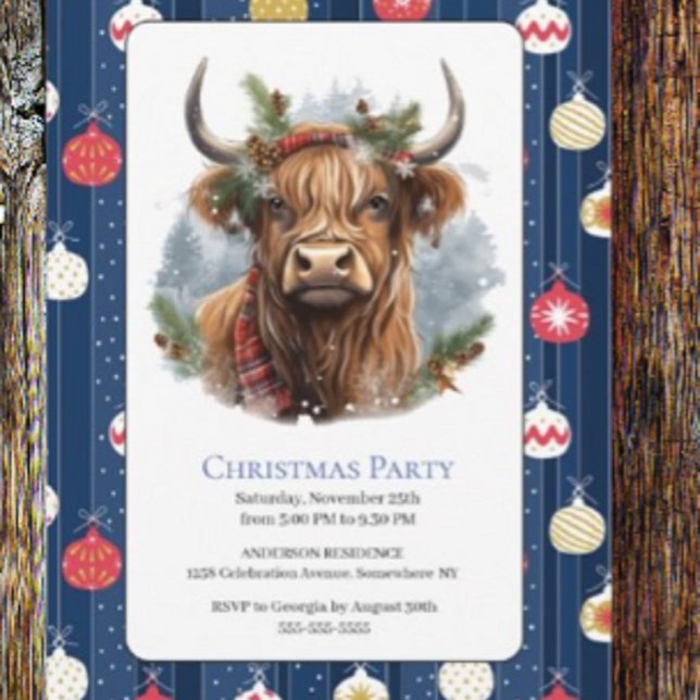 Christmas Blue Party Baubles Highlander Cow Einladung (Von Creator hochgeladen)