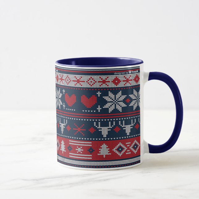 Christmas Blue Red Fair Isle Strickmuster Tasse (Rechts)