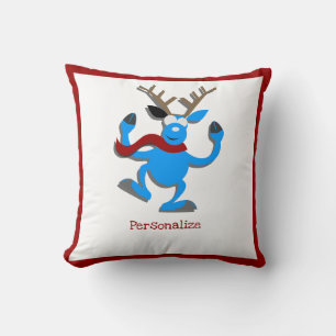 Christmas Blue Reindeer Red Border Personalize Kissen