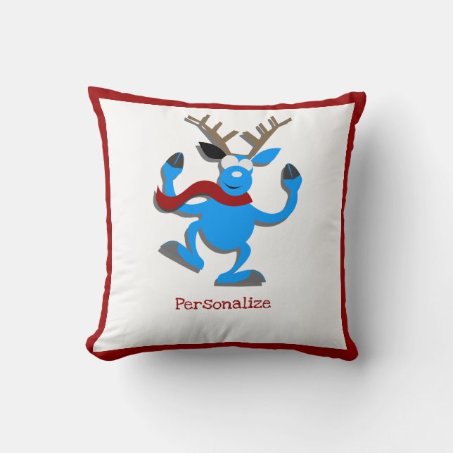 Christmas Blue Reindeer Red Border Personalize Kissen (Vorderseite)