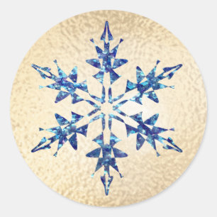 Christmas Blue Snowflake Sparkle Gold Runder Aufkleber