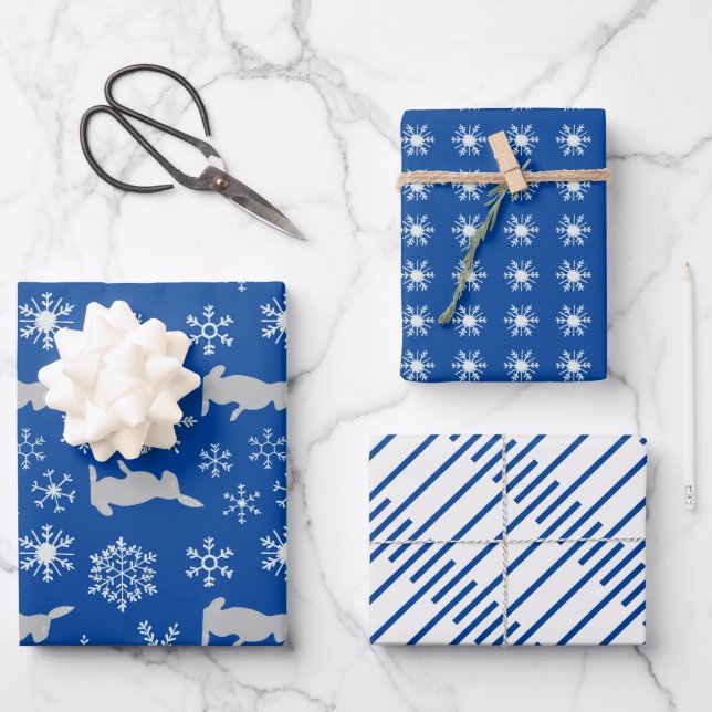 Christmas Blue Snowflakes und Bunnies Geschenkpapier Set (Vorderseite)