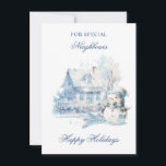 Christmas Blue Snowman House Nachbarn Feiertagskarte<br><div class="desc">Weihnachts-Grüße-Karte für Ihre Nachbarn - Haus zur Weihnachtszeit mit blauem Schneemann</div>