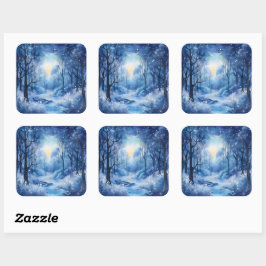 Christmas Blue Trees Woods River Snowy Scene Quadratischer Aufkleber