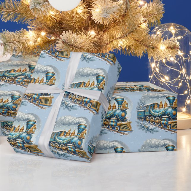 Christmas Blue und Gold Vintage Lokomotive Geschenkpapier (Feiertage)