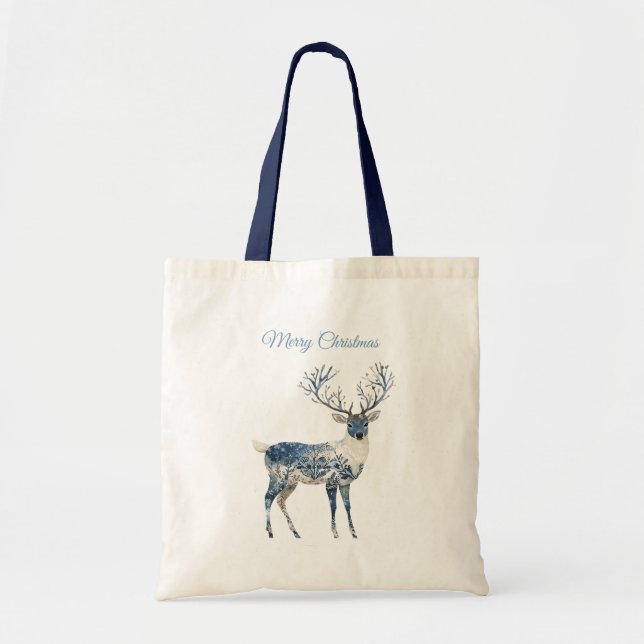 Christmas Blue White Chic Deer & Fox Tragetasche (Vorne)