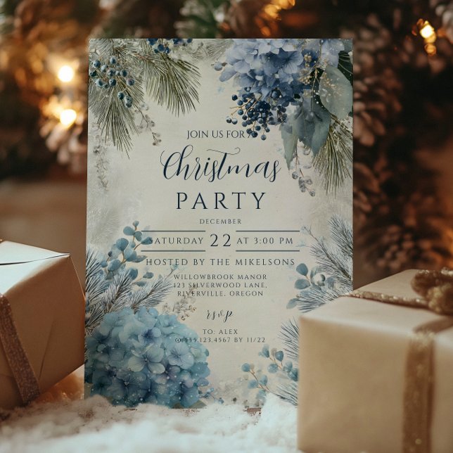 Christmas Blue Winter Florals Einladung (Von Creator hochgeladen)