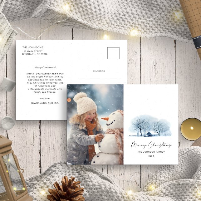 Christmas Blue Winter Village Rustic Landsca Foto Postkarte (Von Creator hochgeladen)