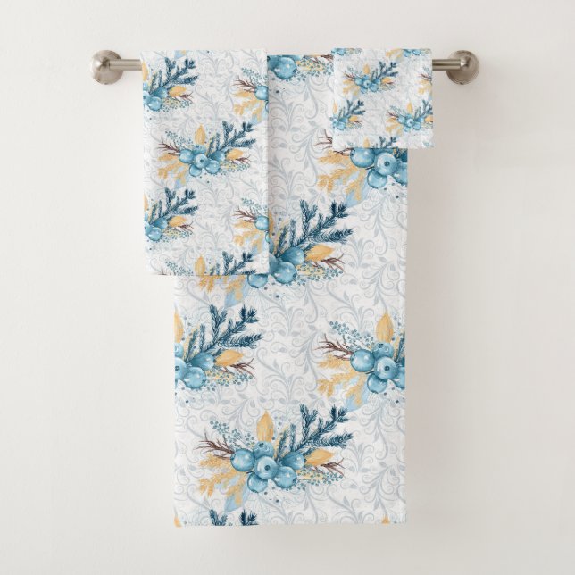 Christmas Blue Winterberries und Silver Filigree Badhandtuch Set (Insitu)