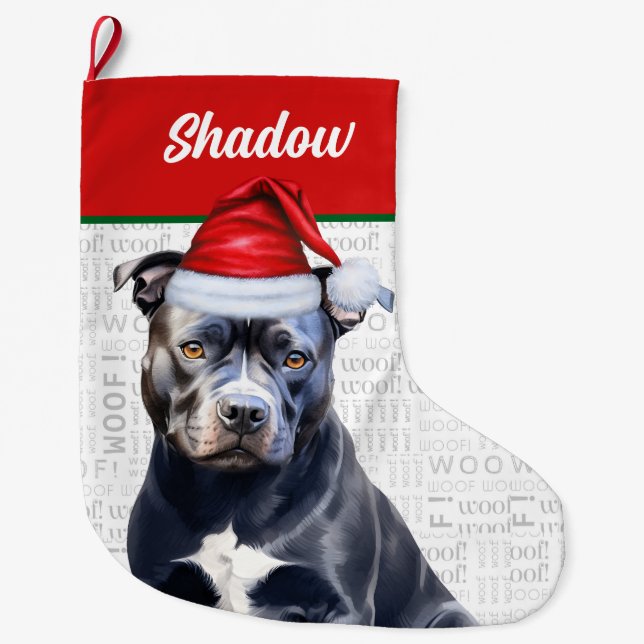 Christmas Bluenose Pitbull Name Woof Background Großer Weihnachtsstrumpf (Vorderseite)
