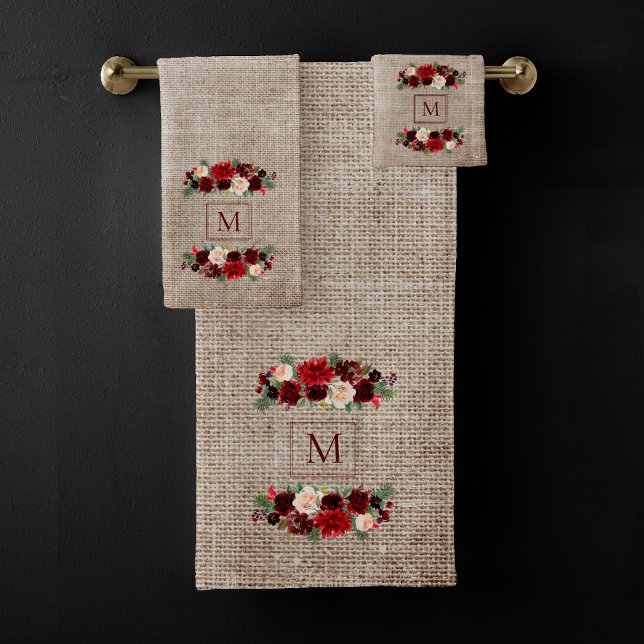 Christmas Boho Chic Floral Branch Burlap Monogram Badhandtuch Set (Von Creator hochgeladen)