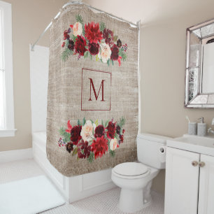 Christmas Boho Chic Floral Branch Burlap Monogram Duschvorhang