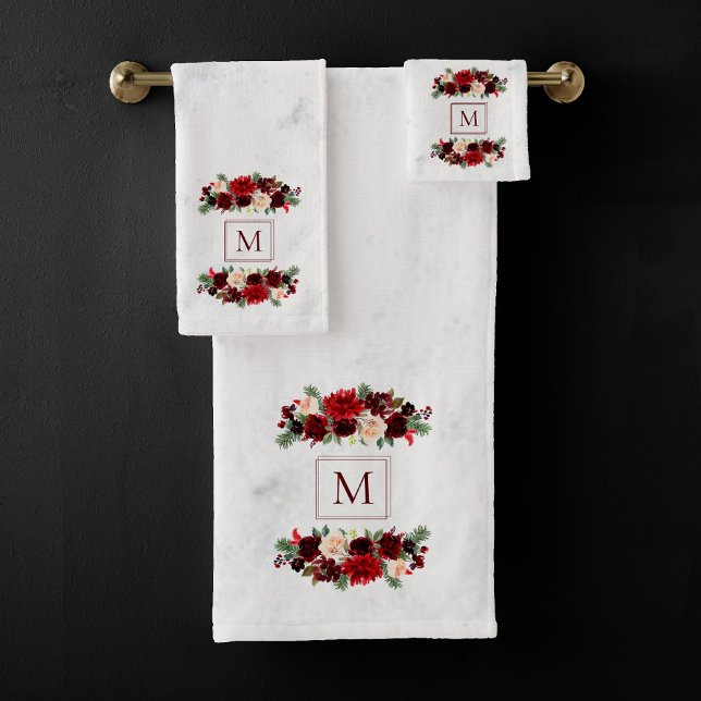 Christmas Boho Chic Floral Branch Marble Monogram Badhandtuch Set (Von Creator hochgeladen)