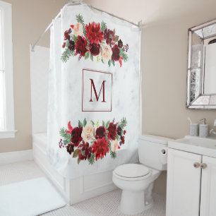 Christmas Boho Chic Floral Branch Marble Monogram Duschvorhang