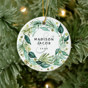 Christmas Boho Greenery Wreath Names Couple Foto Keramik Ornament