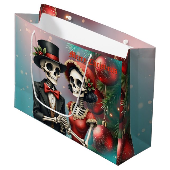 Christmas Bone Romance, A festive skeleton couple. Große Geschenktüte (Vorderseite Schrägansicht)