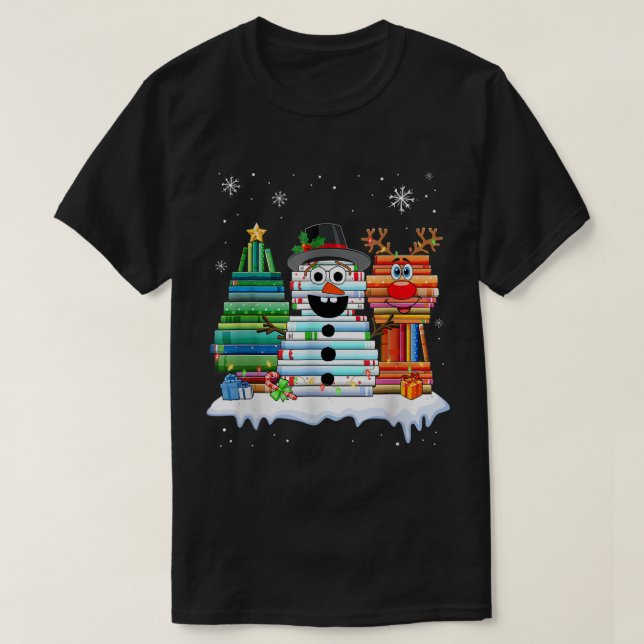 Christmas Book Lover Snowman Design T-Shirt (Design vorne)