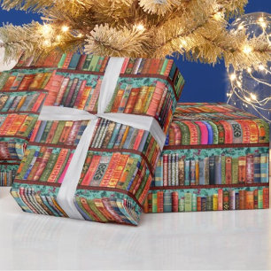 Christmas bookshelf, holly, antique books wrapping geschenkpapier