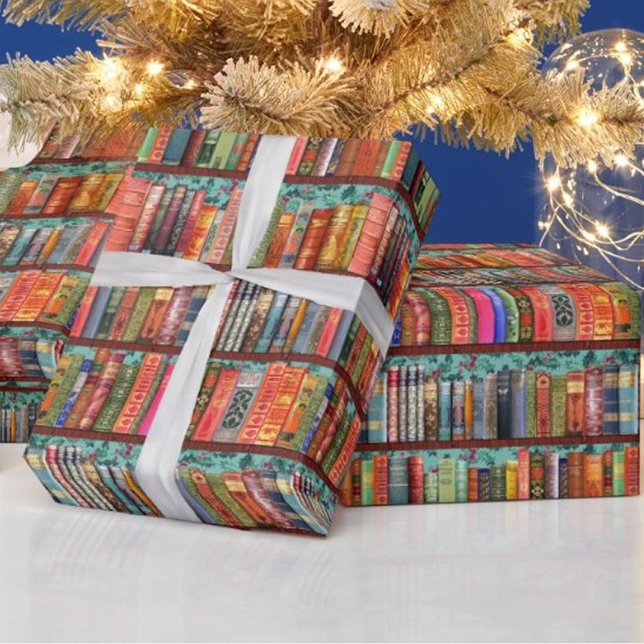 Christmas bookshelf, holly, antique books wrapping geschenkpapier (Von Creator hochgeladen)