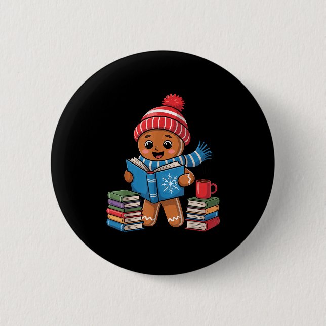 Christmas Bookworm Gingerbread Reading Books Funny Button (Vorderseite)