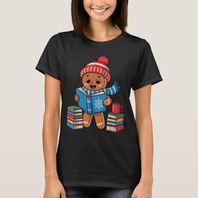 Christmas Bookworm Gingerbread Reading Books Funny T-Shirt (Vorderseite)