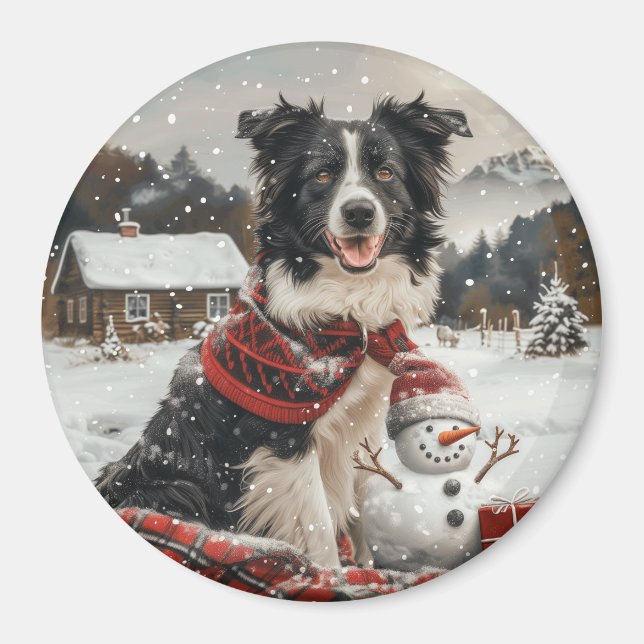 Christmas Border Collie Dog Snowman Magnet (Vorne)