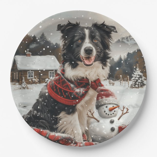 Christmas Border Collie Dog Snowman Pappteller (Vorderseite)