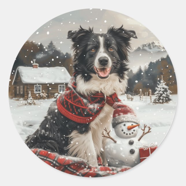 Christmas Border Collie Dog Snowman Runder Aufkleber (Vorderseite)