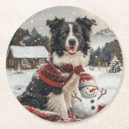 Christmas Border Collie Dog Snowman Runder Pappuntersetzer