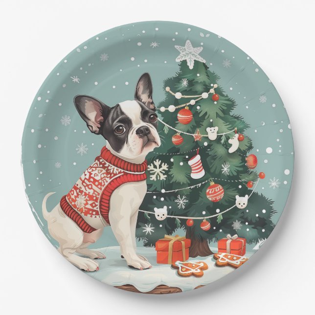 Christmas Boston Terrier Dog Pappteller (Vorderseite)