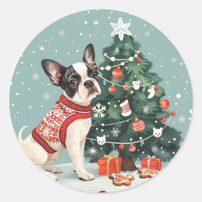 Christmas Boston Terrier Dog Runder Aufkleber (Vorderseite)