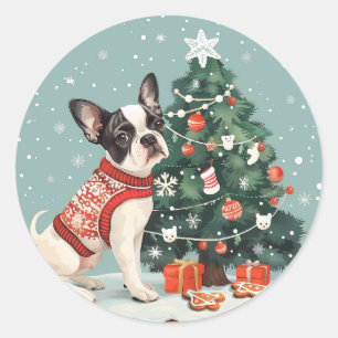 Christmas Boston Terrier Dog Runder Aufkleber