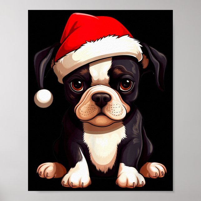 Christmas Boston Terrier Dog Santa Hat Funny Xmas  Poster (Vorne)