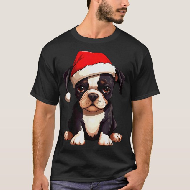 Christmas Boston Terrier Dog Santa Hat Funny Xmas  T-Shirt (Vorderseite)