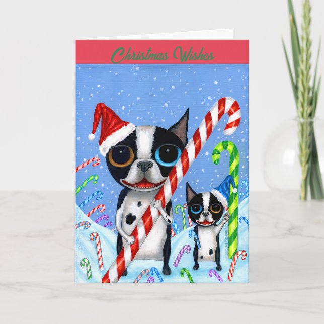 Christmas Boston Terrier Dogs Candy Cane Weihnacht Karte (Vorderseite)