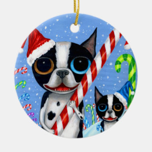 Christmas Boston Terrier Dogs Candy Cane Weihnacht Keramik Ornament