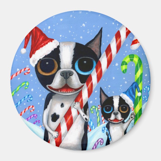 Christmas Boston Terrier Dogs Candy Cane Weihnacht Magnet (Vorne)