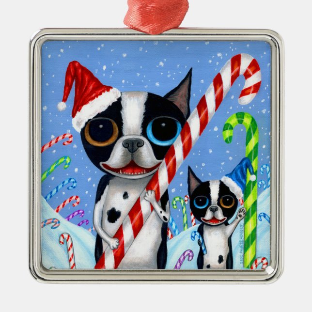 Christmas Boston Terrier Dogs Candy Cane Weihnacht Ornament Aus Metall (Vorne)