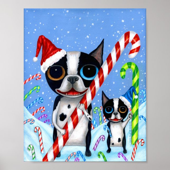 Christmas Boston Terrier Dogs Candy Cane Weihnacht Poster (Vorne)