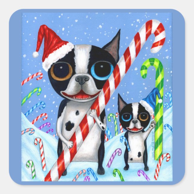 Christmas Boston Terrier Dogs Candy Cane Weihnacht Quadratischer Aufkleber (Vorderseite)